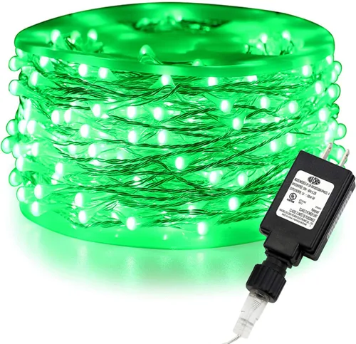 Vista 15 de RUICHEN Guirnalda de luces LED de alambre plateado con carrete de 99 pies, 300 luces LED de 99 pies, color verde