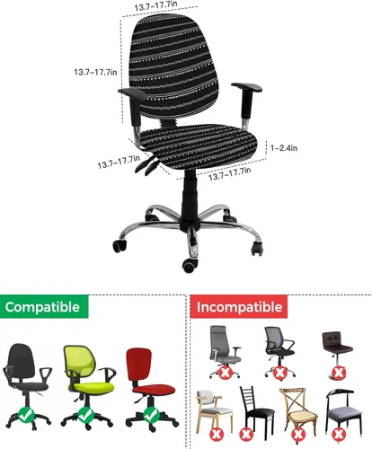 Vista 4 de Funda para silla de oficina, estilo bohemio, color blanco y negro, elástica, universal, para silla de computadora, diseño de rayas geométricas