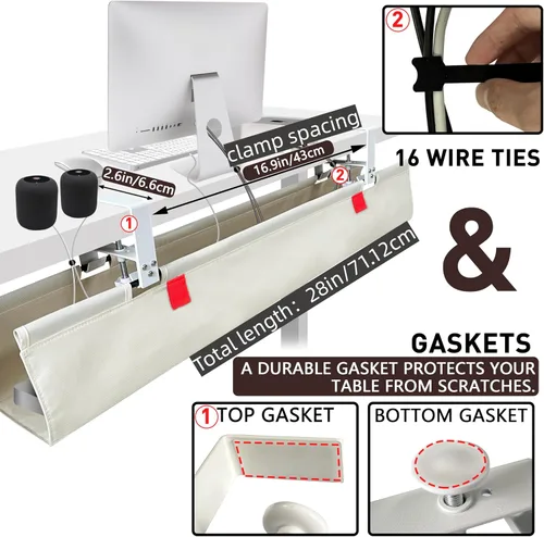 Vista 2 de Organizador de cables para debajo del escritorio, sin taladro, organizador de cables de 28 pulgadas de largo x 6 pulgadas de ancho, almohadillas