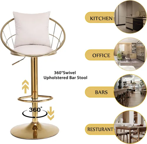 Vista 21 de Taburetes de bar giratorios de terciopelo con respaldo bajo y reposapiés, taburetes de bar ajustables con almohada, taburete de bar dorado de lujo