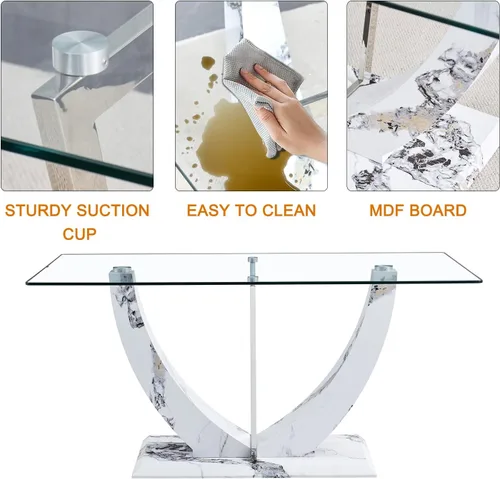 Vista 4 de JUFU Juego de mesa de comedor de cristal de 71 pulgadas para 6, juego de mesa de comedor moderno con base de textura de mármol sintético blanco