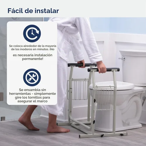 Vista 4 de Raíl de seguridad Drive Medical para inodoro, color blanco. Freestanding Design Supports Users Up to 300 Pounds with Sturdy Grab Bar for Added