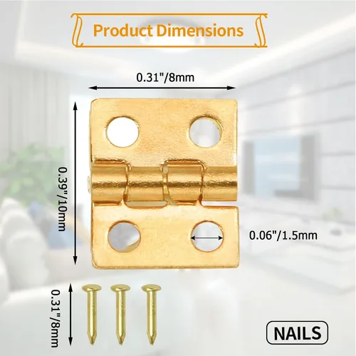 Vista 3 de 100 piezas de mini bisagras, bisagras de latón retro a tope de 10 x 8 mm, mini hardware con rotación de 180 grados con tornillos para manualidades
