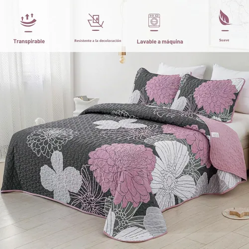 Vista 3 de Anibedding Juego de edredón floral gris y rosa, tamaño Queen, 3 piezas Gris/Rosa