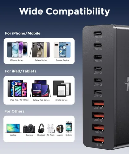 Vista 6 de Estación de carga USB C Roruite de 10 puertos con 4 cables, bloque de Negro
