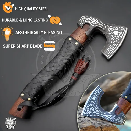 Vista 3 de SHINY CRAFTS - Hacha vikinga barbuda, hacha de madera de valknut para regalo de cumpleaños, hacha vikinga real, hacha barbuda, hacha real