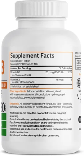 Vista 2 de Bronson Vitamina K2 (MK7) con D3 Dosis Más Baja 45mcg Vitamina K2 y 1000 UI Vitamina D3 Fácil de Tragar Mantenimiento Diario Fórmula 2 en 1 Sin OGM