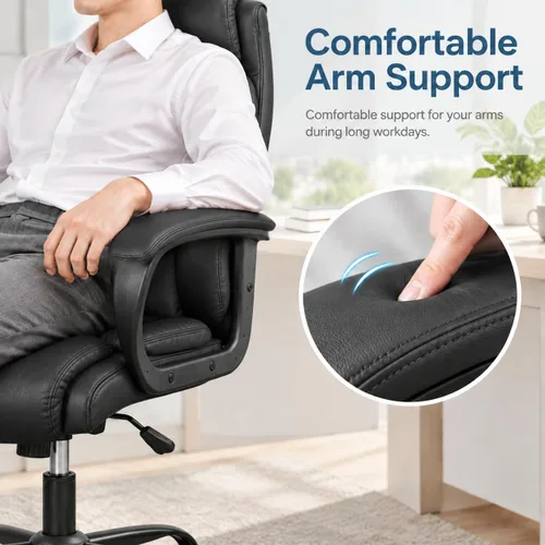 Vista 5 de POWERSTONE Silla de oficina ejecutiva grande y alta, silla de escritorio para computadora, silla giratoria ajustable de cuero con reposabrazos