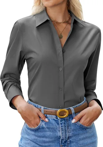 Vista 17 de siliteelon Camisa con botones para mujer: camisa de vestir con cuello de manga larga de algodón con botones, blusa de trabajo y oficina