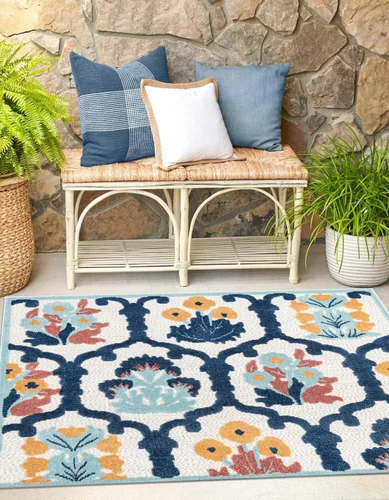 Vista 11 de Unique Loom Belize Outdoor Collection - Alfombra rectangular de 2 x 3 pies 1 pulgada, color marfil y azul marino