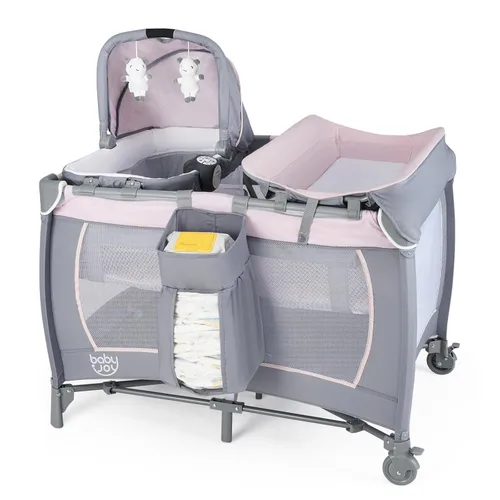 Vista 13 de BABY JOY Paquete y juego 5 en 1, corralito portátil para bebé con moisés y cambiador de pañales, cuna central para guardería infantil con juguetes