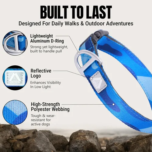 Vista 3 de Collar para perro acolchado suave, cuello de 9'' a 14'', collar ajustable de servicio pesado con logotipo reflectante 3M para perros pequeños, azul