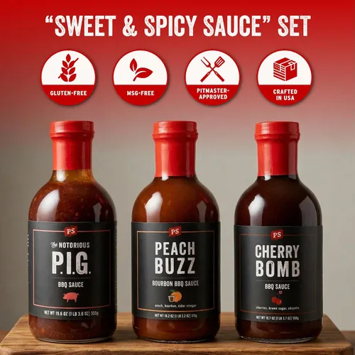 Vista 4 de PS Seasoning Salsa barbacoa picante dulce paquete de 3 – Peach Buzz, Cherry Bomb, y Notorious PIG Gourmet Barbecue Sauce Set para asar a