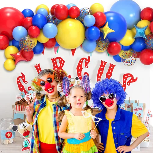 Vista 2 de JOYYPOP Kit de arco de globos de carnaval con 123 globos de confeti de látex de arcoíris rojo, azul, amarillo, para decoraciones de fiesta