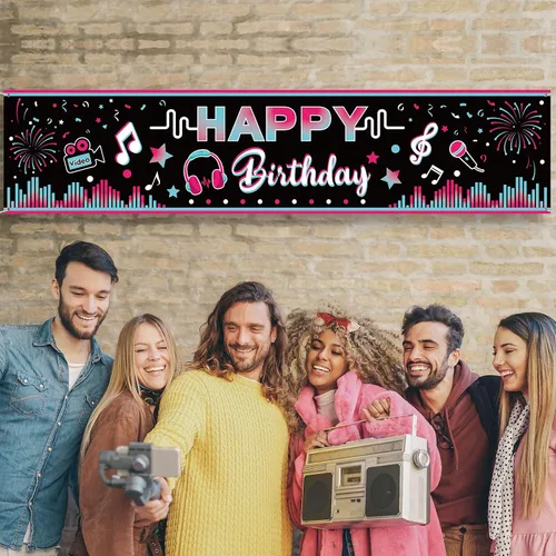 Vista 5 de Cartel de feliz cumpleaños de 71 x 16 pulgadas, decoración grande de tela para fiesta musical, telón de fondo, telón de fondo para cabina de fotos