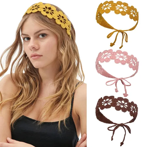 Vista 10 de CHLINS Diademas elásticas de ganchillo hechas a mano con margaritas florales – 3 unidades de diademas de punto bohemio para mujeres y niñas