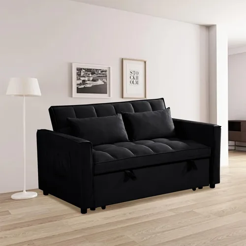 Vista 8 de Sofá cama convertible 3 en 1, sofá biplaza reclinable de dos plazas con respaldo ajustable y bolsillo lateral, sofá lounge de terciopelo con cama