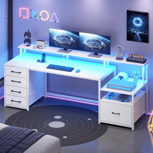 Vista 14 de SEDETA Escritorio para computadora con 5 cajones, toma de corriente, luces Negro con luces LED