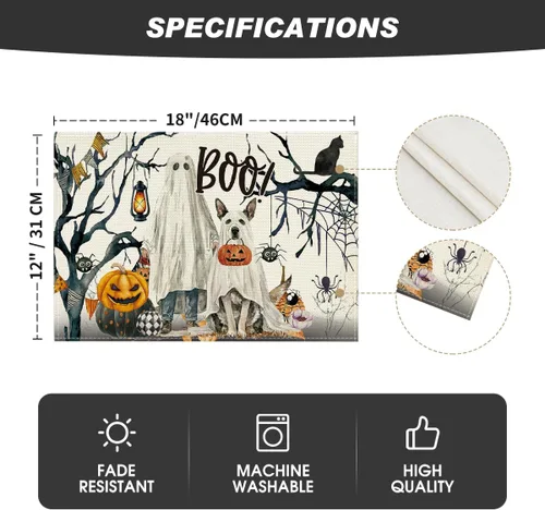 Vista 6 de Artoid Mode Juego de 4 manteles individuales de Halloween con diseño de calabazas fantasmas, árbol y perro, 12 x 18 pulgadas, para decoración