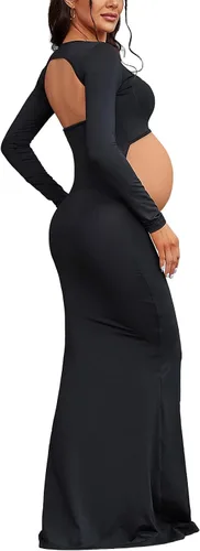 Vista 2 de Bhome Vestido de sesión de fotos de maternidad, manga larga, sexy, recortado, espalda descubierta, vestido largo de maternidad, trajes de fotografía