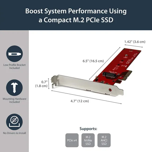 Vista 2 de StarTech Adaptador M2 PCIe SSD - x4 PCIe 3.0 NVMe / AHCI / NGFF / M-Key - Perfil Bajo y Perfil Completo - Adaptador SSD PCIe M.2, TAA (PEX4M2E1)