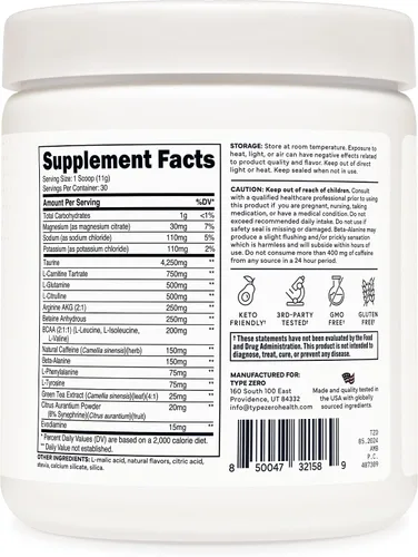 Vista 8 de Type Zero Amino Burn Vegan BCAA + Pre-entrenamiento (sabor a piña colada)
