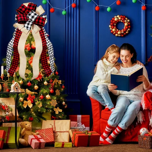 Vista 2 de Decoración para árbol de Navidad, diseño de búfalo grande, arpillera roja y negra, lazo de regalo para árbol de Navidad, decoración de fiesta