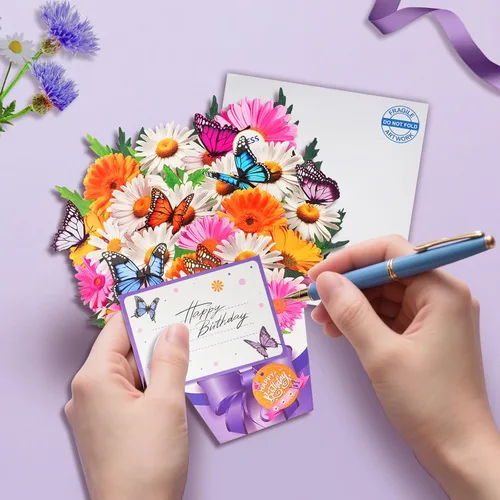Vista 2 de APOTODITO Mini tarjetas de cumpleaños, tarjeta de regalo de cumpleaños con música y luz, ramo de flores tarjeta 3D con mariposas para mamá, mujer