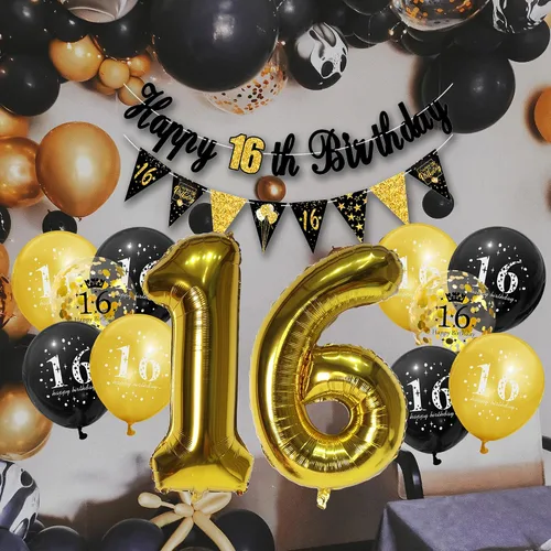 Vista 6 de Decoraciones de fiesta de cumpleaños número 16 para hombres y mujeres, negro y dorado, cartel de feliz cumpleaños negro y dorado, globos de feliz