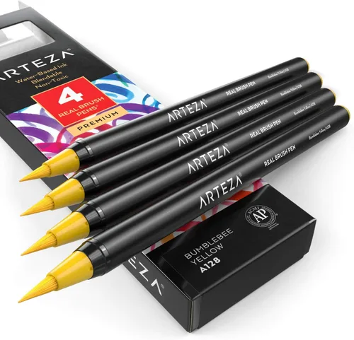 Vista 16 de Arteza Bolígrafos de pincel real, A174 gris delfín, paquete de 4, bolígrafos de acuarela con puntas de pincel de nailon, suministros de arte