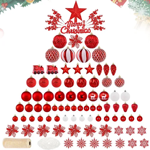 Vista 9 de Ktinnead Juego de 94 piezas de decoración para árbol de Navidad, adornos rojos inastillables para colgar en el árbol de Navidad con flores de pascua