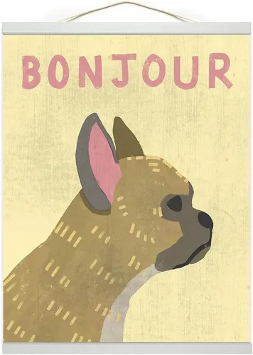 Vista 5 de Bonjour Hanging Poster Canvas Print Ready to Hang Dog Wall Decor 16"x20" Oak Trim