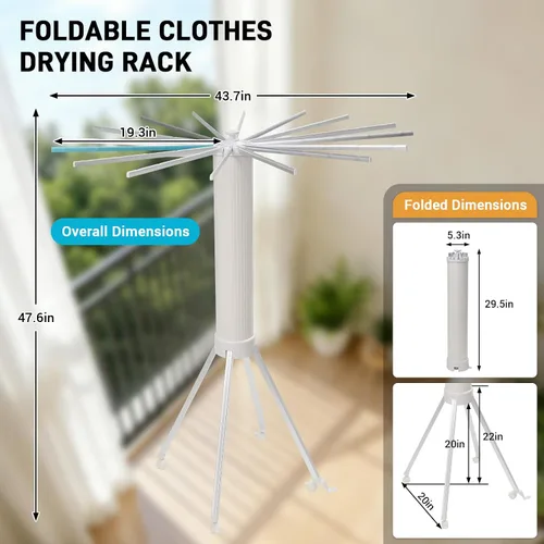 Vista 5 de Tendedero plegable para ropa con ruedas, con 16 brazos, estante de secado de ropa plegable para guardar la ropa, trípode, tendedero para ropa
