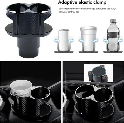 Vista 2 de Adaptador expansor de portavasos para automóvil 2 en 1 con base ajustable, soporte giratorio para bebidas