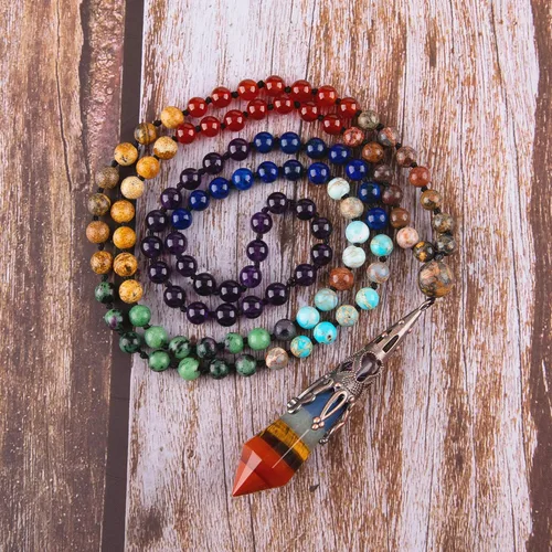 Vista 7 de Bivei 108 Mala Beads Bracelet Real Gemstone Yoga Pendants Meditation Hand Knotted Mala Prayer Necklace