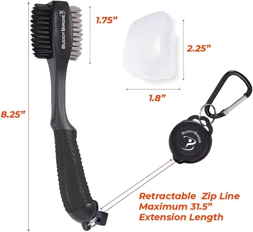 Vista 6 de Cepillo retráctil para palos de golf Cepillo doble de gran tamaño, agarre ergonómico, limpiador de ranuras retráctil y cordón