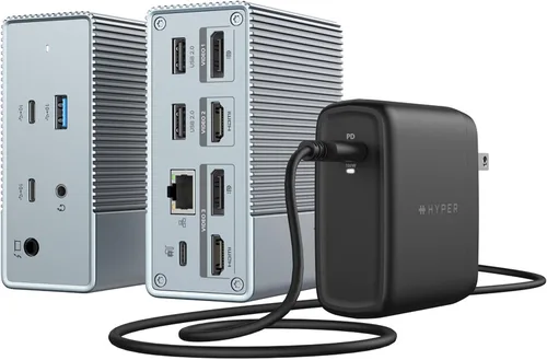Vista 9 de Hyper Unidad USB-C y Thunderbolt 4 Hub con fuente de alimentación GaN integrada: tres puertos Thunderbolt 4 downstream y un puerto ascendente