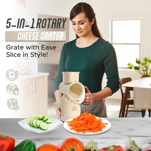 Vista 7 de Rallador de queso rotativo 5 en 1 con manivela manual – Rallador de verduras multifuncional, triturador de nueces y queso – Rallador de alimentos