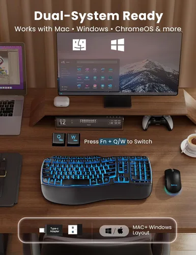 Vista 7 de Combo ergonómico de teclado y mouse inalámbricos, teclado retroiluminado recargable de 4000 mAh con un reposamanos suave de piel de cordero
