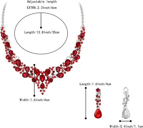 Vista 5 de BriLove Alloy Crystal Teardrop Cluster Statement Necklace Clip-on Earrings Set