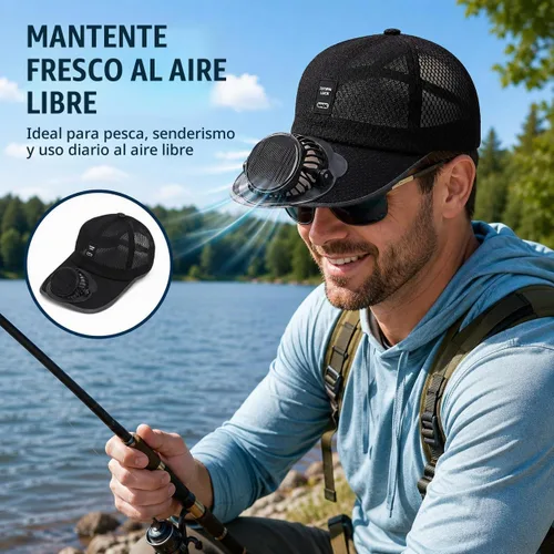 Vista 3 de Sombrero de pesca con ventilador solar, recargable por USB, negro