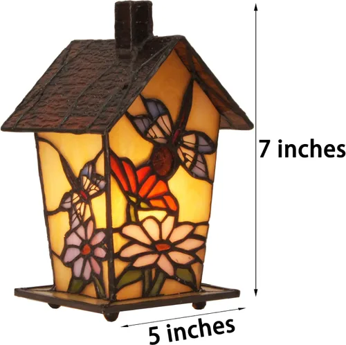Vista 3 de Bieye L10782 - Lámpara de mesa estilo Tiffany con vitral en forma de casa de pájaro para decoración del hogar (17.8 cm de alto, libélula)