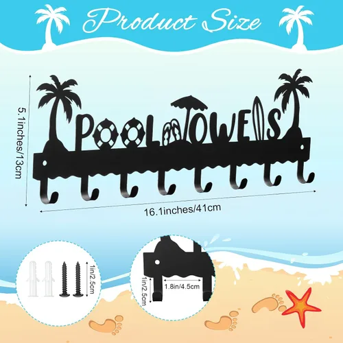 Vista 2 de Capoda Toallero de piscina de metal, para colgar en la pared, toallero de playa, toallero de verano con 8 ganchos para almacenamiento de toallas