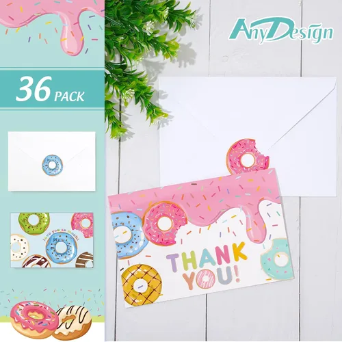 Vista 3 de AnyDesign Paquete de 36 tarjetas de agradecimiento en forma de dona con calcomanías de sellos, sobres surtidos de dibujos animados, tarjetas