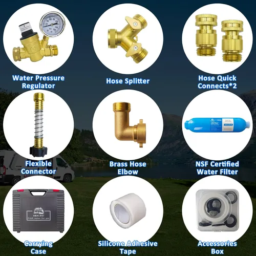 Vista 2 de Kit de Regulador de Presión de Agua para RV, con Filtro de Agua en Línea, Accesorios de Latón Sin Plomo, Kit de Reparación de Fugas y Maleta Todo