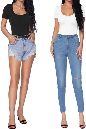 Vista 4 de MANGOPOP Body básico elástico de manga corta con cuello redondo para mujer