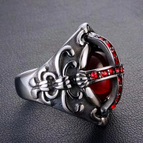 Vista 3 de Anillos de cruz góticos para hombre, estilo tallado de flores antiguas, anillo de piedra rubí, anillos de acero inoxidable 316, joyería helada