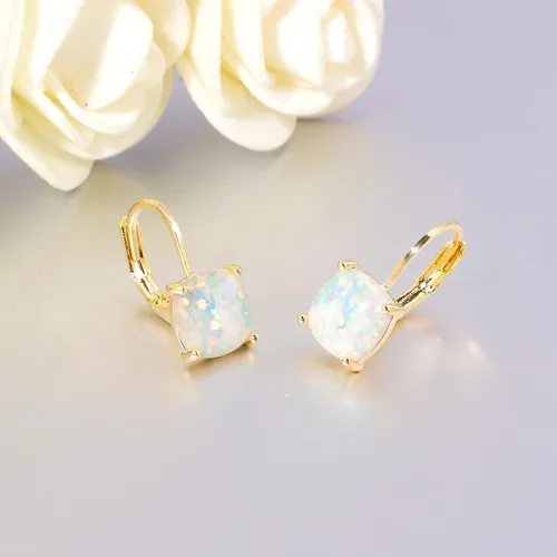 Vista 6 de CiNily Aretes colgantes para mujeres y niñas, hipoalergénicos, chapados en oro de 14 quilates, aretes con dije cuadrado de ópalo, aretes de palanca