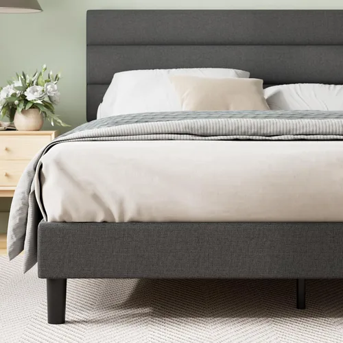 Vista 8 de Zinus Cama de plataforma tapizada Full Piper con cabecera con paneles horizontales, soporte de listones de madera, no necesita somier, fácil