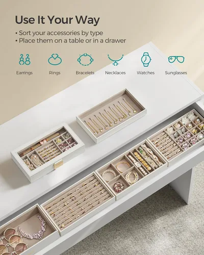 Vista 3 de SONGMICS Bandejas de joyería apilables, caja de joyería de 6 niveles, organizador de joyas con cajón, con tapa de vidrio, divisores extraíbles